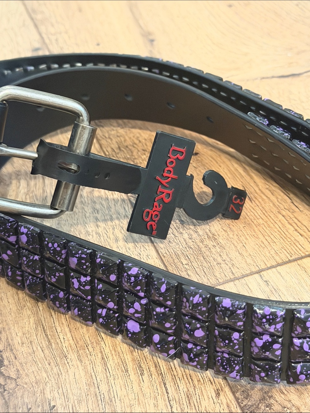 Vintage 2000s Hot Topic Black Belt with Purple Paint-Splatter Studs